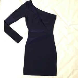 One shoulder navy stretch dress